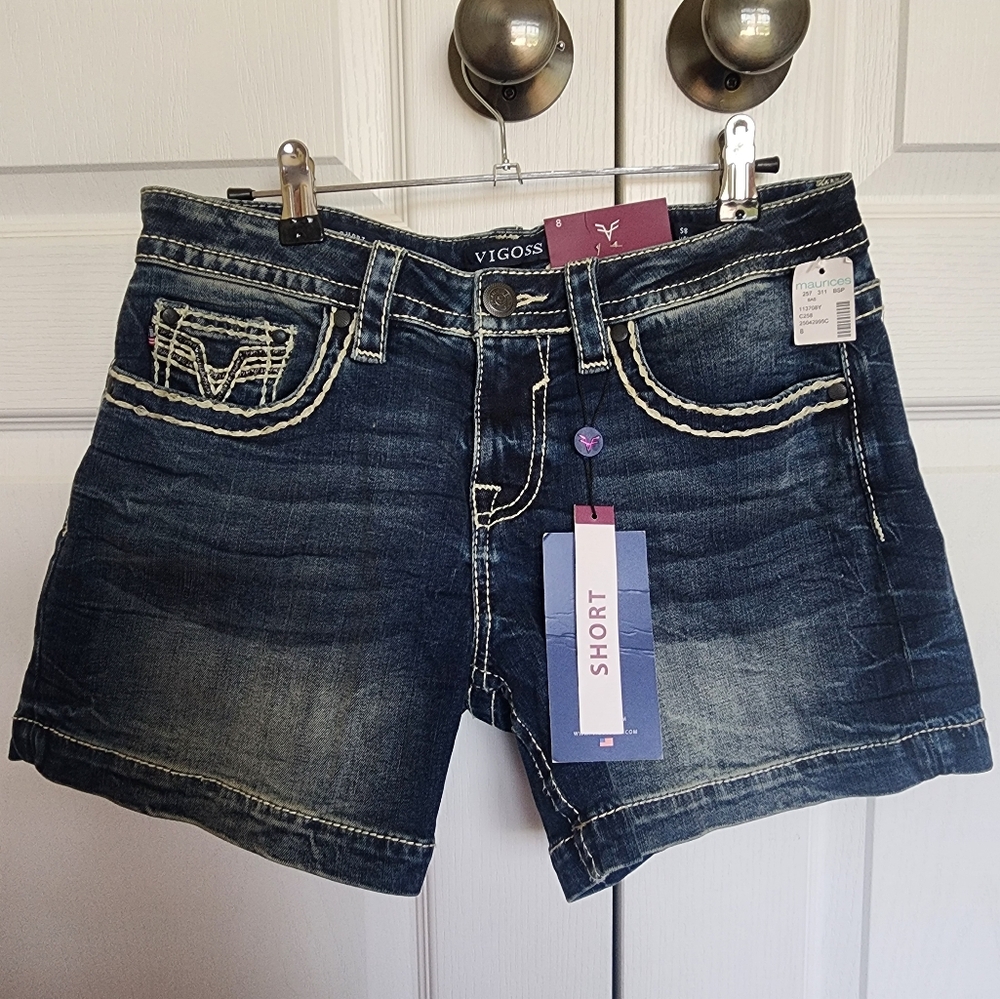 NWT VIGOSS denim Jean Shorts Size 8 5L Blue Medium Wash Stitching Heritage Fit